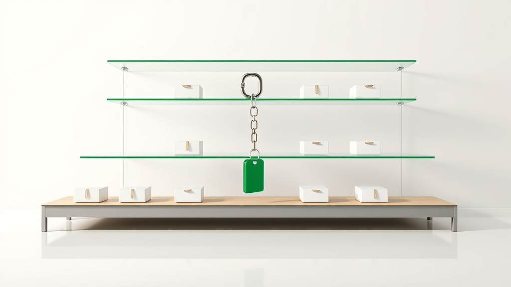 Tre scaffali in vetro trasparente per la vendita al dettaglio con piccole scatole di ceramica bianca su una superficie bianca, una grande catena in vetro smeraldo agganciata al bordo d'acciaio dello scaffale centrale con un cartellino del prezzo in vetro blu intenso appeso