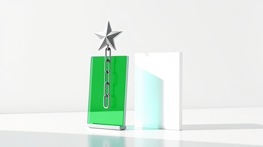 Ein bürstenstählerner Stern-Badge auf einer smaragdgrünen Glas-Publisher-Karte mit einem Kettenglied, das in ein mattiertes Glas-Antwort-Panel führt, auf weißem Studiohintergrund