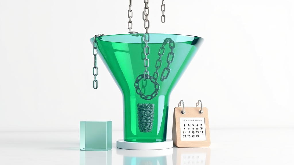 Un imbuto in vetro smeraldo e blu che filtra segmenti di catene di link in acciaio in caduta, link puliti che passano e quelli spam trattenuti, su uno sfondo di studio bianco