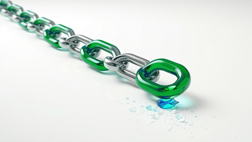 Una lunga catena di grandi anelli di vetro su una superficie bianca, vetro smeraldo solido davanti, che sfuma anello dopo anello in contorni trasparenti e si dissolve in frammenti all'estremità lontana
